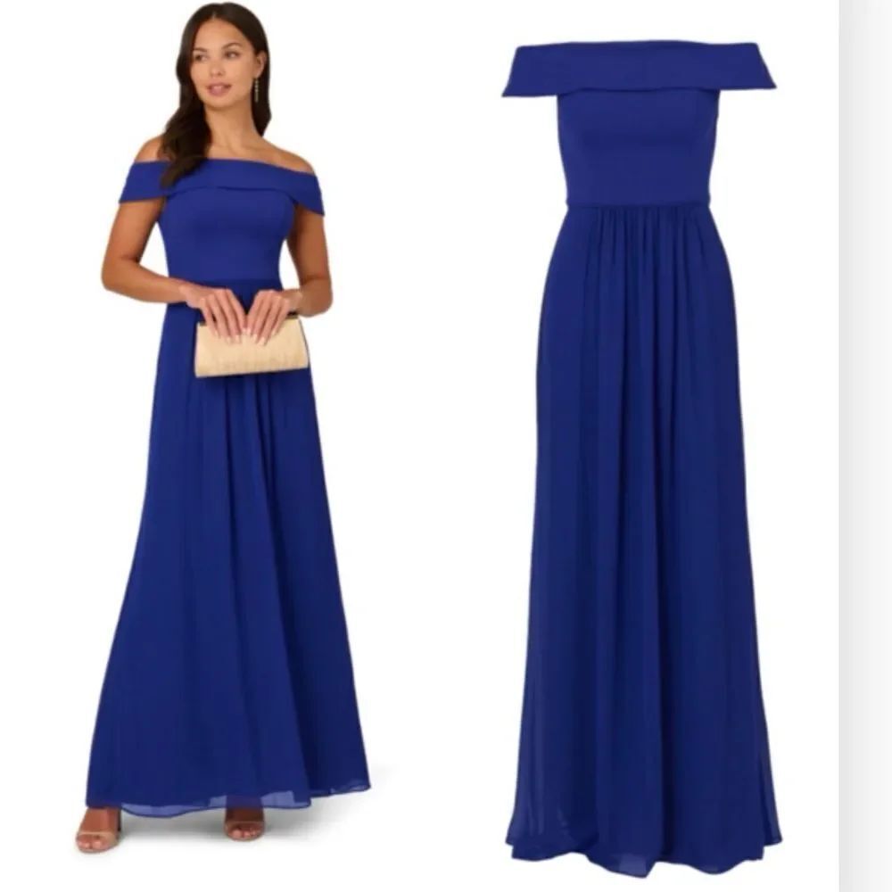 Arianna Papell Blue off shoulder Crepe Chiffon Gown NWT $228